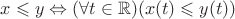$x \leqslant y \Leftrightarrow (\forall t \in \mathbb{R})(x(t) \leqslant y(t))$ $x \leqslant y \Leftrightarrow (\forall t \in \mathbb{R})(x(t) \leqslant y(t))$