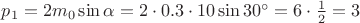 $p_{1} = 2 m \uspilon_0 \sin {\alpha} = 2 \cdot 0.3 \cdot 10 \sin {30^\circ} = 6 \cdot \frac{1}{2} = 3$
