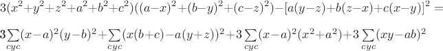 $$3(x^2+y^2+z^2+a^2+b^2+c^2)((a-x)^2+(b-y)^2+(c-z)^2)-[a(y-z)+b(z-x)+c(x-y)]^2 = $
3\sum\limits_{cyc}(x-a)^2(y-b)^2+\sum\limits_{cyc}(x(b+c)-a(y+z))^2+
3\sum\limits_{cyc}(x-a)^2(x^2+a^2)+3\sum\limits_{cyc}(xy-ab)^2$