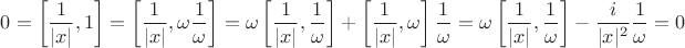 $$0=\left[\frac{1}{|x|},1\right]=\left[\frac{1}{|x|},\omega\dfrac{1}{\omega}\right]=\omega\left[\frac{1}{|x|},\dfrac{1}{\omega}\right]+\left[\frac{1}{|x|},\omega\right]\dfrac{1}{\omega}=\omega\left[\frac{1}{|x|},\dfrac{1}{\omega}\right]-\frac{i}{|x|^2}\dfrac{1}{\omega}=0$$