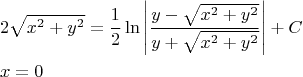 \[
\begin{gathered}
  2\sqrt {x^2  + y^2 }  = \frac{1}
{2}\ln \left| {\frac{{y - \sqrt {x^2  + y^2 } }}
{{y + \sqrt {x^2  + y^2 } }}} \right| + C \hfill \\
  x = 0 \hfill \\ 
\end{gathered} 
\]