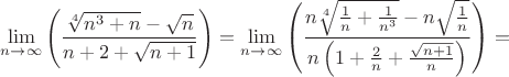 $$
\mathop {\lim }\limits_{n \to \infty } \left( {{{\root 4 \of {n^3  + n}  - \sqrt n } \over {n + 2 + \sqrt {n + 1} }}} \right) = \mathop {\lim }\limits_{n \to \infty } \left( {{{n\root 4 \of {{1 \over n} + {1 \over {n^3 }}}  - n\sqrt {{1 \over n}} } \over {n\left( {1 + {2 \over n} + {{\sqrt {n + 1} } \over n}} \right)}}} \right) = 
$$