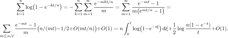 $$\sum_{k=1}^n\log\bigl(1-e^{-kt/n}\bigr)=-\sum_{k=1}^n\sum_{m=1}^\infty\frac{e^{-mkt/n}}m=\sum_{m=1}^\infty\frac{e^{-mt}-1}{m\bigl(e^{mt/n}-1\bigr)}=$$
$$\sum_{m\le n/t}\frac{e^{-mt}-1}m\bigl(n/(mt)-1/2+O(mt/n)\bigr)+O(1)=n\int_0^1\log\bigl(1-e^{-t\xi}\bigr)\,\mathrm d\xi+\frac12\log\frac{n(1-e^{-t})}t+O(1).$$