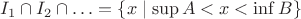 $I_1\cap I_2\cap\ldots=\{x\mid \sup A<x<\inf B\}$
