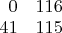 $\begin{array}{rr}
 0 & 116 \\
 41 & 115 \\
 \end{array}$