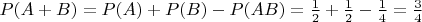 $P(A+B)=P(A)+P(B)-P(AB)=\frac12+\frac12-\frac14=\frac34$