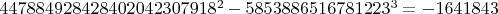 $447884928428402042307918^2 - 5853886516781223^3 = -1641843$