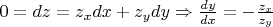 $0=dz=z_x dx + z_y dy \Rightarrow \frac{dy}{dx}=-\frac{z_x}{z_y}$