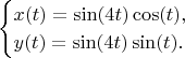 $$\begin{cases}x(t)=\sin(4t)\cos(t),\\y(t)=\sin(4t)\sin(t).\end{cases}$$