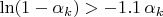 $\ln(1-\alpha_k)>-1.1\,\alpha_k$