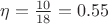 $\eta=\frac{10}{18}=0.55$