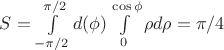$S=\int\limits_{-\pi/2}^{\pi/2}d(\phi)\int\limits_{0}^{\cos\phi}\rho d\rho=\pi/4$