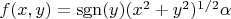 $f(x, y)=\operatorname{sgn}(y)(x^2+y^2)^{1/2}\alpha$