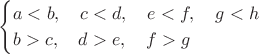 $$
\begin{cases}
a<b,\quad c<d,\quad e<f,\quad g<h \\
b>c,\quad d>e,\quad f>g
\end{cases}
$$