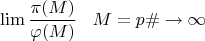 $$\lim\frac{\pi(M)}{\varphi(M)}\;\;\;M=p\#\rightarrow \infty$$