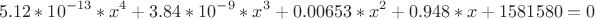 $$5.12*10^{-13}*x^4+3.84*10^{-9}*x^3+0.00653*x^2+0.948*x+1581580=0$$