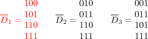 $$
\color {red} {\overline D_1=\begin {matrix}
100\\
101\\
110\\
111
\end {matrix}} \;\;\;\;\;\;\; \color {black}\overline D_2=\begin {matrix}
010\\
011\\
110\\
111
\end {matrix} \;\;\;\;\;\;\; \overline D_3=\begin {matrix}
001\\
011\\
101\\
111
\end {matrix}$$