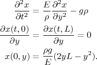 $$
\begin{align}
\frac{\partial^2x}{\partial t^2}&=\frac{E}{\rho}\frac{\partial^2x}{\partial y^2}-g\rho\\
\frac{\partial x(t,0)}{\partial y}&=\frac{\partial x(t,L)}{\partial y}=0\\
x(0,y)&=\frac{\rho g}{E}(2yL-y^2).
\end{align}
$$
