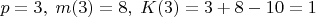 $p=3,\;m(3)=8,\;K(3)=3+8-10=1$