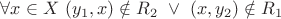 $\forall x \in X \  (y_1, x) \notin R_2 \ \vee \ (x, y_2) \notin R_1$