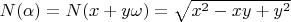 $N(\alpha)=N(x+y\omega)=\sqrt{x^2-xy+y^2}$