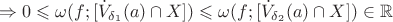 $$\Rightarrow 0 \leqslant \omega (f; [\dot{V}_{\delta_{1}}(a)\cap X]) \leqslant \omega(f; [\dot{V}_{\delta_{2}}(a)\cap X]) \in \mathbb{R}$$