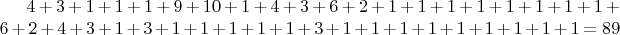 $4+3+1+1+1+9+10+1+4+3+6+2+1+1+1+1+1+1+1+1+6+2+4+3+1+3+1+1+1+1+1+3+1+1+1+1+1+1+1+1+1=89$