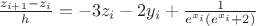 $\frac{z_{i+1}-z_i}{h}=-3z_i-2y_i+\frac{1}{e^{x_i}(e^{x_i}+2)}$