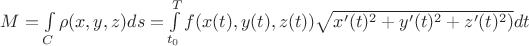 $M=\int\limits_C\rho(x,y,z)ds=\int\limits_{t_0}^T f(x(t),y(t),z(t))\sqrt{x'(t)^2+y'(t)^2+z'(t)^2)}dt$