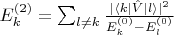 $E_k^{(2)} = \sum_{l\neq k} \frac{|\langle k |\hat{V}| l\rangle |^2}{E_k^{(0)} - E_l^{(0)}}$
