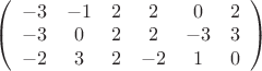 $
\left( \begin{array}{cccccc} -3 & -1 & 2 & 2 & 0 & 2\\ 
-3 & 0 & 2 & 2 & -3 & 3 \\
-2 & 3 & 2 & -2 & 1 & 0\end{array} \right)$