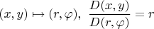 $(x,y)\mapsto (r,\varphi),\  \dfrac{D(x,y)}{D(r,\varphi)}=r$