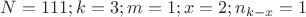 $N=111;
k=3;
m=1;
x=2;
n_{k-x}=1$ $N=111;
k=3;
m=1;
x=2;
n_{k-x}=1$