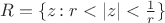 $R=\{z \colon r<|z|<\frac{1}{r}\}$