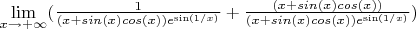 $\lim\limits_{x\to+\infty}(\frac{1}{(x+sin(x) cos(x)) e^\sin(1/x)}} + \frac{(x+sin(x) cos(x))}{(x+sin(x) cos(x)) e^\sin(1/x)}})$