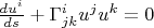 $\frac{du^i}{ds} + \Gamma^i_{j k} u^j u^k = 0$