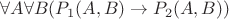 $\forall A \forall B ( P_1(A,B) \to P_2(A,B))$