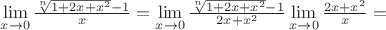 $\lim\limits_{x\to 0}\frac{\sqrt[n]{1+2x+x^2}-1}{x}=\lim\limits_{x\to 0}\frac{\sqrt[n]{1+2x+x^2}-1}{2x+x^2}\lim\limits_{x\to 0}\frac{2x+x^2}{x}=$