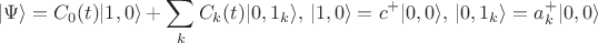 $$|\Psi\rangle=C_{0}(t)|1,0\rangle+\sum_k C_k(t)|0,1_k\rangle,\,|1,0\rangle=c^+|0,0\rangle,\,|0,1_k\rangle=a_k^+|0,0\rangle $$