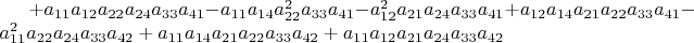 $+a_{11}a_{12}a_{22}a_{24}a_{33}a_{41}-a_{11}a_{14}a_{22}^{2}a_{33}a_{41}-a_{12}^{2}a_{21}a_{24}a_{33}a_{41}+a_{12}a_{14}a_{21}a_{22}a_{33}a_{41}-a_{11}^{2}a_{22}a_{24}a_{33}a_{42}+a_{11}a_{14}a_{21}a_{22}a_{33}a_{42}+a_{11}a_{12}a_{21}a_{24}a_{33}a_{42}$