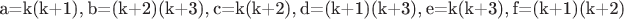 a=k(k+1), b=(k+2)(k+3), c=k(k+2), d=(k+1)(k+3), e=k(k+3), f=(k+1)(k+2)