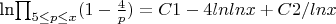ln\prod_{5 \leq p\leq x}(1-\frac {4} {p}) =C1-4lnlnx+C2/lnx