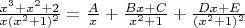 $\frac{x^3+x^2+2}{x(x^2+1)^2}=\frac{A}{x}+\frac{Bx+C}{x^2+1}+\frac{Dx+E}{(x^2+1)^2}$