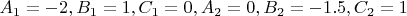 $A_1=-2, B_1=1, C_1=0, A_2=0, B_2=-1.5, C_2=1$