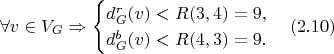 $$\forall v \in V_G \Rightarrow
		\begin{cases}
			d_G^r(v) < R(3, 4) = 9,\\
			d_G^b(v) < R(4, 3) = 9.
		\end{cases} (2.10)$$