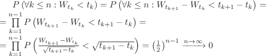 $P\left(\forall k\leq n: W_{t_k}<t_k\right)=P\left(\forall k\leq n: W_{t_{k+1}}-W_{t_k}<t_{k+1}-t_k\right)=\\=\prod\limits_{k=1}^{n-1}P\left(W_{t_{k+1}}-W_{t_k}<t_{k+1}-t_k\right)=\\=\prod\limits_{k=1}^{n-1}P\left(\frac{W_{t_{k+1}}-W_{t_k}}{\sqrt{t_{k+1}-t_k}}<\sqrt{t_{k+1}-t_k}\right)=\left(\frac{1}{2}\right)^{n-1}\xrightarrow{n\to\infty}0$