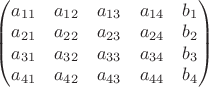 \begin{pmatrix} a_{11} & a_{12} & a_{13}& a_{14} & b_{1}\\ a_{21} & a_{22} & a_{23}& a_{24}& b_{2} \\ a_{31}& a_{32}& a_{33}& a_{34}& b_{3} \\ a_{41} & a_{42}& a_{43}& a_{44}& b_{4}\end{pmatrix}