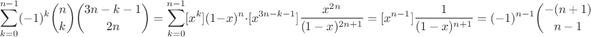 $$\sum_{k=0}^{n-1}(-1)^k\binom{n}{k}\binom{3n-k-1}{2n} = \sum_{k=0}^{n-1} [x^k] (1-x)^n \cdot [x^{3n-k-1}] \frac{x^{2n}}{(1-x)^{2n+1}} = [x^{n-1}] \frac{1}{(1-x)^{n+1}} = (-1)^{n-1} \binom{-(n+1)}{n-1} = \binom{2n-1}{n-1}.$$