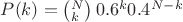 $P(k)=\left(^N_k\right)0.6^k0.4^{N-k}$