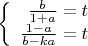 $\left\{
\begin{array}{rcl}
\frac{b}{1+a}=t \\
\frac{1-a}{b-ka}=t 
\end{array}
\right.$